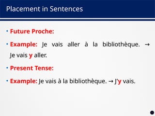 Placement in Sentences
• Future Proche:
• Example: Je vais aller à la bibliothèque. →
Je vais y aller.
• Present Tense:
• Example: Je vais à la bibliothèque. J'
→ y vais.
 