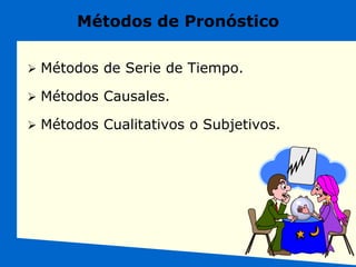 Métodos de Pronóstico
 Métodos de Serie de Tiempo.
 Métodos Causales.
 Métodos Cualitativos o Subjetivos.
 