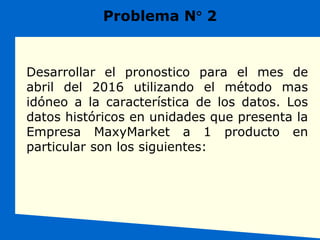 Problema N 2
Desarrollar el pronostico para el mes de
abril del 2016 utilizando el método mas
idóneo a la característica de los datos. Los
datos históricos en unidades que presenta la
Empresa MaxyMarket a 1 producto en
particular son los siguientes:
 
