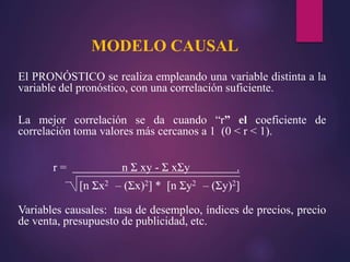 El PRONÓSTICO se realiza empleando una variable distinta a la
variable del pronóstico, con una correlación suficiente.
La mejor correlación se da cuando “r” el coeficiente de
correlación toma valores más cercanos a 1 (0 < r < 1).
r = n Σ xy - Σ xΣy .
[n Σx2 – (Σx)2] * [n Σy2 – (Σy)2]
Variables causales: tasa de desempleo, índices de precios, precio
de venta, presupuesto de publicidad, etc.
MODELO CAUSAL
 