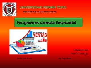 UNIVERSIDAD FERMÍN TORO
EDUCACIÓN PARA LOS VALORES HUMANOS
Postgrado en Gerencia Empresarial
Maestrante:
María Araujo.
Prof. Olga SoteldoBarinas, Julio de 2014
 