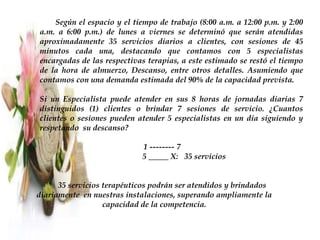 Según el espacio y el tiempo de trabajo (8:00 a.m. a 12:00 p.m. y 2:00
a.m. a 6:00 p.m.) de lunes a viernes se determinó que serán atendidas
aproximadamente 35 servicios diarios a clientes, con sesiones de 45
minutos cada una, destacando que contamos con 5 especialistas
encargadas de las respectivas terapias, a este estimado se restó el tiempo
de la hora de almuerzo, Descanso, entre otros detalles. Asumiendo que
contamos con una demanda estimada del 90% de la capacidad prevista.
Si un Especialista puede atender en sus 8 horas de jornadas diarias 7
distinguidos (1) clientes o brindar 7 sesiones de servicio. ¿Cuantos
clientes o sesiones pueden atender 5 especialistas en un día siguiendo y
respetando su descanso?
1 -------- 7
5 _____ X: 35 servicios
35 servicios terapéuticos podrán ser atendidos y brindados
diariamente en nuestras instalaciones, superando ampliamente la
capacidad de la competencia.
 