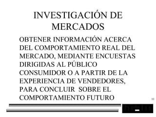 11
OBTENER INFORMACIÓN ACERCA
DEL COMPORTAMIENTO REAL DEL
MERCADO, MEDIANTE ENCUESTAS
DIRIGIDAS AL PÚBLICO
CONSUMIDOR O A PARTIR DE LA
EXPERIENCIA DE VENDEDORES,
PARA CONCLUIR SOBRE EL
COMPORTAMIENTO FUTURO
INVESTIGACIÓN DE
MERCADOS
 