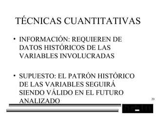 20
TÉCNICAS CUANTITATIVAS
• INFORMACIÓN: REQUIEREN DE
DATOS HISTÓRICOS DE LAS
VARIABLES INVOLUCRADAS
• SUPUESTO: EL PATRÓN HISTÓRICO
DE LAS VARIABLES SEGUIRÁ
SIENDO VÁLIDO EN EL FUTURO
ANALIZADO
 
