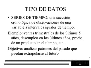 25
TIPO DE DATOS
• SERIES DE TIEMPO: una sucesión
cronológica de observaciones de una
variable a intervalos iguales de tiempo.
Ejemplo: ventas trimestrales de los últimos 5
años, desempleo en los últimos años, precio
de un producto en el tiempo, etc..
Objetivo: analizar patrones del pasado que
puedan extrapolarse al futuro
 