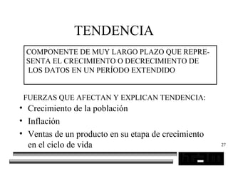 27
TENDENCIA
• Crecimiento de la población
• Inflación
• Ventas de un producto en su etapa de crecimiento
en el ciclo de vida
COMPONENTE DE MUY LARGO PLAZO QUE REPRE-
SENTA EL CRECIMIENTO O DECRECIMIENTO DE
LOS DATOS EN UN PERÍODO EXTENDIDO
FUERZAS QUE AFECTAN Y EXPLICAN TENDENCIA:
 