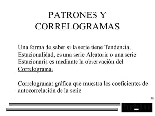 38
PATRONES Y
CORRELOGRAMAS
Una forma de saber si la serie tiene Tendencia,
Estacionalidad, es una serie Aleatoria o una serie
Estacionaria es mediante la observación del
Correlograma.
Correlograma: gráfica que muestra los coeficientes de
autocorrelación de la serie
 