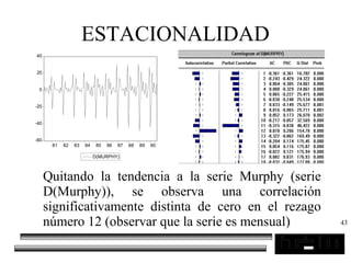 43
ESTACIONALIDAD
Quitando la tendencia a la serie Murphy (serie
D(Murphy)), se observa una correlación
significativamente distinta de cero en el rezago
número 12 (observar que la serie es mensual)
-60
-40
-20
0
20
40
81 82 83 84 85 86 87 88 89 90
D(MURPHY)
 