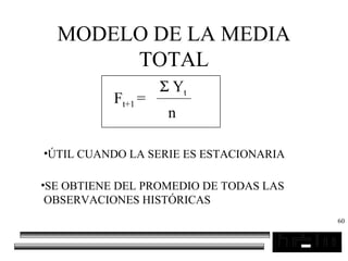 60
MODELO DE LA MEDIA
TOTAL
Ft+1 =
Σ Yt
n
•ÚTIL CUANDO LA SERIE ES ESTACIONARIA
•SE OBTIENE DEL PROMEDIO DE TODAS LAS
OBSERVACIONES HISTÓRICAS
 