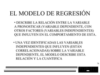 78
EL MODELO DE REGRESIÓN
• DESCRIBE LA RELACIÓN ENTRE LA VARIABLE
A PRONOSTICAR (VARIABLE DEPENDIENTE, CON
OTROS FACTORES (VARIABLES INDEPENDIENTES)
QUE INFLUYEN EN EL COMPORTAMIENTO DE ESTA.
• UNA VEZ IDENTIFICADAS LAS VARIABLES
INDEPENDIENTES QUE INFLUYEN (ESTÁN
CORRELACIONADAS) SOBRE LA VARIABLE
DEPENDIENTE, EL MODELO DESCRIBE ESTA
RELACIÓN Y LA CUANTIFICA
 