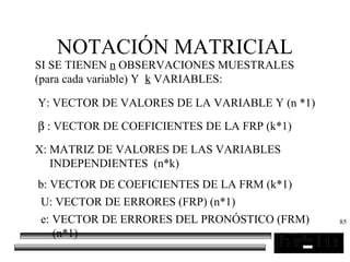85
NOTACIÓN MATRICIAL
SI SE TIENEN n OBSERVACIONES MUESTRALES
(para cada variable) Y k VARIABLES:
Y: VECTOR DE VALORES DE LA VARIABLE Y (n *1)
β : VECTOR DE COEFICIENTES DE LA FRP (k*1)
X: MATRIZ DE VALORES DE LAS VARIABLES
INDEPENDIENTES (n*k)
b: VECTOR DE COEFICIENTES DE LA FRM (k*1)
U: VECTOR DE ERRORES (FRP) (n*1)
e: VECTOR DE ERRORES DEL PRONÓSTICO (FRM)
(n*1)
 
