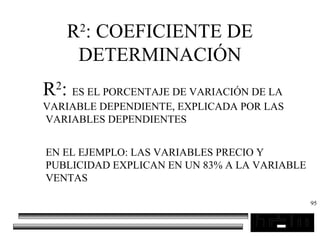 95
R2
: COEFICIENTE DE
DETERMINACIÓN
R2
: ES EL PORCENTAJE DE VARIACIÓN DE LA
VARIABLE DEPENDIENTE, EXPLICADA POR LAS
VARIABLES DEPENDIENTES
EN EL EJEMPLO: LAS VARIABLES PRECIO Y
PUBLICIDAD EXPLICAN EN UN 83% A LA VARIABLE
VENTAS
 