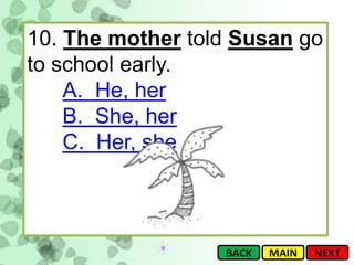 10. The mother told Susan go
to school early.
    A. He, her
    B. She, her
    C. Her, she



                  BACK   MAIN   NEXT
 