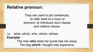 Relative pronoun:
They are used to join sentences,
to refer back to a noun or
pronoun, to introduce noun clause
and relative clause.
i.e what, which, who, whom, whose.
Example:
The man who stole her purse has ran away.
The dog which I bought was expensive.
 