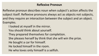 Reflexive Pronoun
Reflexive pronoun describes noun when subject’s action affects the
subject itself. Reflexive pronouns always act as objects not subjects,
and they require an interaction between the subject and an object.
Examples.
I looked at myself in the mirror.
You should think about yourself.
They prepared themselves for completion.
She pleases herself by think that she will win the prize.
He bought a car for himself.
He locked himself in the room.
He who loves only himself is a selfish.
 
