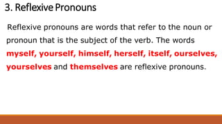 3. ReflexivePronouns
Reflexive pronouns are words that refer to the noun or
pronoun that is the subject of the verb. The words
myself, yourself, himself, herself, itself, ourselves,
yourselves and themselves are reflexive pronouns.
 