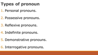 Types of pronoun
1. Personal pronouns.
2. Possessive pronouns.
3. Reflexive pronouns.
4. Indefinite pronouns.
5. Demonstrative pronouns.
6. Interrogative pronouns.
 