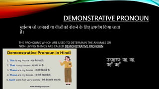 DEMONSTRATIVE PRONOUN
सर्वनाम जद जानर्रदं या चीजदं कद रदकने क
े कलए उपयदग ककया जाता
है।
THE PRONOUNS WHICH ARE USED TO DETERMAIN THE ANIMALS OR
NON-LIVING THINGS ARE CALLED DEMONSTRATIVE PRONOUN
उदाहरण: यह, र्ह,
यहााँ, र्हााँ
 