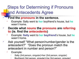 Steps for Determining if Pronouns and Antecedents Agree Find the  pronouns  in the sentence. Example: Sally went to  her  boyfriend’s house, but  he  wasn’t home. Decide what  nouns  the  pronouns  are  referring to  (ie. find the  antecedents ) Example:  Sally  went to  her   boyfriend ’s house, but  he  wasn’t home. Ask yourself “What person/number/gender is the antecedent?”  “Does the pronoun match the antecedent in number and person?” Example:  Sally (3rd person, singular)=her (3rd person, singular) Boyfriend (3rd person, singular)=he (3rd person, singular) 