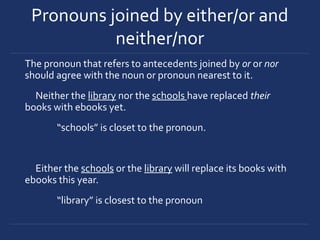 Pronouns joined by either/or and
neither/nor
The pronoun that refers to antecedents joined by or or nor
should agree with the noun or pronoun nearest to it.
Neither the library nor the schools have replaced their
books with ebooks yet.
“schools” is closet to the pronoun.
Either the schools or the library will replace its books with
ebooks this year.
“library” is closest to the pronoun
 