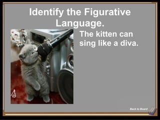 Identify the Figurative Language. Back to Board The kitten can sing like a diva. 