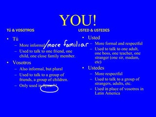 YOU! Usted More formal and respectful Used to talk to one adult, one boss, one teacher, one stranger (one sir, madam, etc) Ustedes More respectful Used to talk to a group of strangers, adults, etc. Used in place of vosotros in Latin America ! USTED & USTEDES Tú  More informal Used to talk to one friend, one child, one close family member. Vosotros Also informal, but plural Used to talk to a group of friends, a group of children. Only used in Spain!!! TÚ & VOSOTROS 