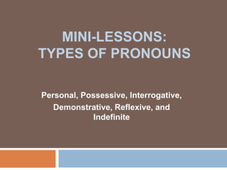 MINI-LESSONS:
TYPES OF PRONOUNS
Personal, Possessive, Interrogative,
Demonstrative, Reflexive, and
Indefinite
 
