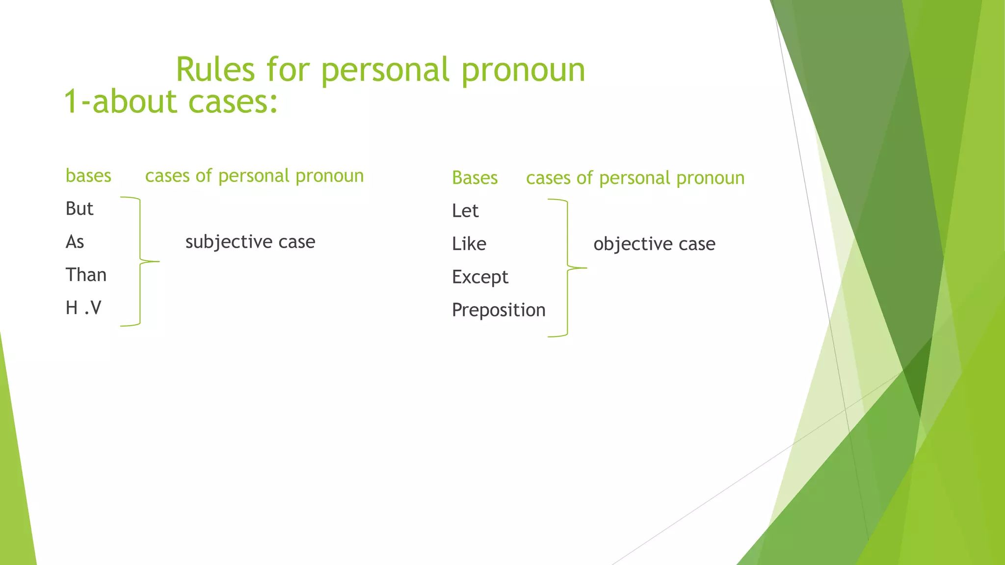 Rules for personal pronoun
1-about cases:
bases cases of personal pronoun
But
As subjective case
Than
H .V
Bases cases of personal pronoun
Let
Like objective case
Except
Preposition
 
