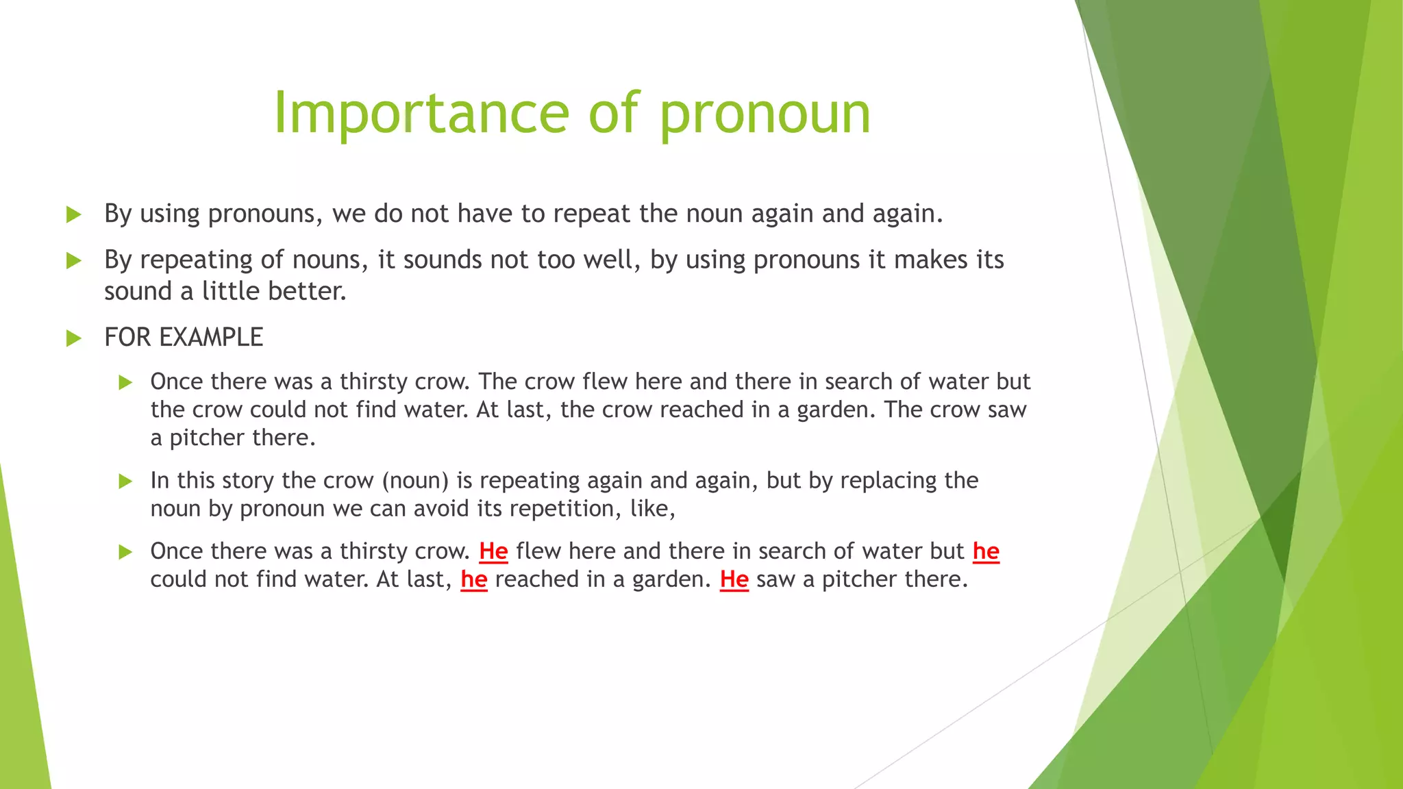 Importance of pronoun
 By using pronouns, we do not have to repeat the noun again and again.
 By repeating of nouns, it sounds not too well, by using pronouns it makes its
sound a little better.
 FOR EXAMPLE
 Once there was a thirsty crow. The crow flew here and there in search of water but
the crow could not find water. At last, the crow reached in a garden. The crow saw
a pitcher there.
 In this story the crow (noun) is repeating again and again, but by replacing the
noun by pronoun we can avoid its repetition, like,
 Once there was a thirsty crow. He flew here and there in search of water but he
could not find water. At last, he reached in a garden. He saw a pitcher there.
 
