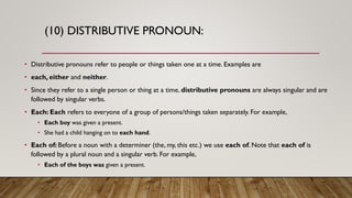 (10) DISTRIBUTIVE PRONOUN:
• Distributive pronouns refer to people or things taken one at a time. Examples are
• each, either and neither.
• Since they refer to a single person or thing at a time, distributive pronouns are always singular and are
followed by singular verbs.
• Each: Each refers to everyone of a group of persons/things taken separately. For example,
• Each boy was given a present.
• She had a child hanging on to each hand.
• Each of: Before a noun with a determiner (the, my, this etc.) we use each of. Note that each of is
followed by a plural noun and a singular verb. For example,
• Each of the boys was given a present.
 