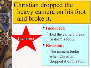 Christian dropped the
heavy camera on his foot
and broke it.
Christian dropped the
heavy camera on his foot
and broke it.
Incorrect:
 Did the camera break
or did his foot?
Revision:
 The camera broke
when Christian
dropped it on his foot.
Incorrect:
 Did the camera break
or did his foot?
Revision:
 The camera broke
when Christian
dropped it on his foot.
IncorrectIncorrect
 