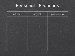 Personal Pronouns
subject   object   possessive



   I                   my
             me
   it                your
             it
  you                 his
            you
  she                 her
            her
   he                 our
            him
   we                their
           them
 they                mine
             us
 