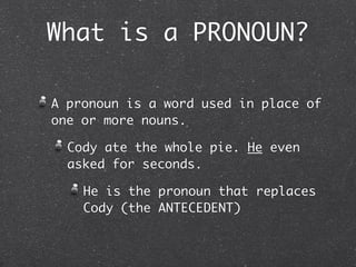 What is a PRONOUN?

A pronoun is a word used in place of
one or more nouns.

  Cody ate the whole pie. He even
  asked for seconds.

    He is the pronoun that replaces
    Cody (the ANTECEDENT)
 
