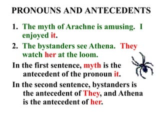 PRONOUNS AND ANTECEDENTS
1. The myth of Arachne is amusing. I
enjoyed it.
2. The bystanders see Athena. They
watch her at the loom.
In the first sentence, myth is the
antecedent of the pronoun it.
In the second sentence, bystanders is
the antecedent of They, and Athena
is the antecedent of her.
 