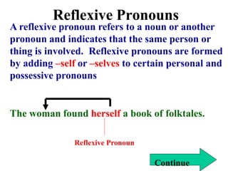 Reflexive Pronouns
A reflexive pronoun refers to a noun or another
pronoun and indicates that the same person or
thing is involved. Reflexive pronouns are formed
by adding –self or –selves to certain personal and
possessive pronouns
The woman found herself a book of folktales.
Reflexive Pronoun
Continue
 