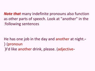 Note that many indefinite pronouns also function
as other parts of speech. Look at "another" in the
:following sentences


He has one job in the day and another at night.-
( (pronoun
(I'd like another drink, please. (adjective-
 