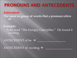 Antecedent-
The noun or group of words that a pronoun refers
   to

Example:
  Tyler read “The Hungry Caterpillar.” He found it
   exciting.

ANTECEDENT of he  ___________________

ANTECEDENT of exciting  __________________
 