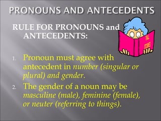 RULE FOR PRONOUNS and
  ANTECEDENTS:

1.   Pronoun must agree with
     antecedent in number (singular or
     plural) and gender.
2.   The gender of a noun may be
     masculine (male), feminine (female),
     or neuter (referring to things).
 