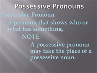 Possessive Pronoun
  A pronoun that shows who or
  what has something.
       NOTE:
          A possessive pronoun
          may take the place of a
          possessive noun.
 