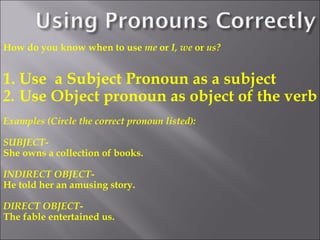 How do you know when to use me or I, we or us?


1. Use a Subject Pronoun as a subject
2. Use Object pronoun as object of the verb
Examples (Circle the correct pronoun listed):

SUBJECT-
She owns a collection of books.

INDIRECT OBJECT-
He told her an amusing story.

DIRECT OBJECT-
The fable entertained us.
 