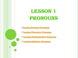 Leccion Personal Pronouns
 Leccion Possessive Pronouns
 Leccion Demonstrative Pronouns
 Leccion Reflexive Pronouns
 