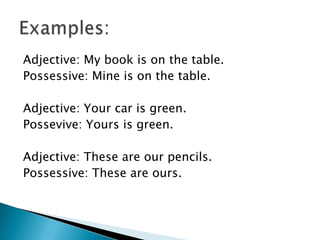 Adjective: My book is on the table.
Possessive: Mine is on the table.
Adjective: Your car is green.
Possevive: Yours is green.
Adjective: These are our pencils.
Possessive: These are ours.
 
