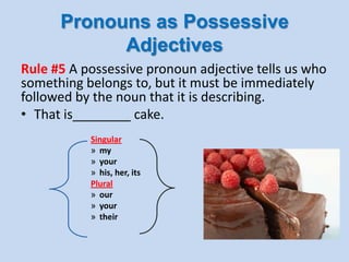Pronouns as Possessive
Adjectives
Rule #5 A possessive pronoun adjective tells us who
something belongs to, but it must be immediately
followed by the noun that it is describing.
• That is________ cake.
Singular
» my
» your
» his, her, its
Plural
» our
» your
» their
 