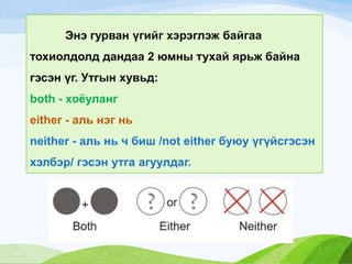 Энэ гурван үгийг хэрэглэж байгаа
тохиолдолд дандаа 2 юмны тухай ярьж байна
гэсэн үг. Утгын хувьд:
both - хоѐуланг
either - аль нэг нь
neither - аль нь ч биш /not either буюу үгүйсгэсэн
хэлбэр/ гэсэн утга агуулдаг.
 