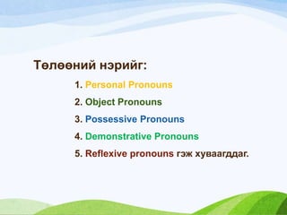 Төлөөний нэрийг:
1. Personal Pronouns
2. Object Pronouns
3. Possessive Pronouns
4. Demonstrative Pronouns
5. Reflexive pronouns гэж хуваагддаг.
 