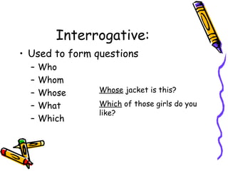 Interrogative:
• Used to form questions
– Who
– Whom
– Whose
– What
– Which
Whose jacket is this?
Which of those girls do you
like?
 