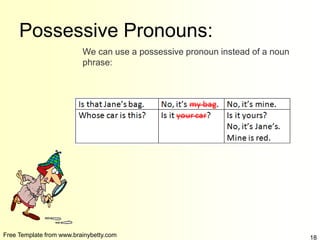 Free Template from www.brainybetty.com 18
Possessive Pronouns:
We can use a possessive pronoun instead of a noun
phrase:
 