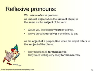 Free Template from www.brainybetty.com 31
Reflexive pronouns:
We use a reflexive pronoun:
as indirect object when the indirect object is
the same as the subject of the verb:
• Would you like to pour yourself a drink.
• We’ve brought ourselves something to eat.
as the object of a preposition when the object refers to
the subject of the clause:
• They had to fend for themselves.
They were feeling very sorry for themselves.
 