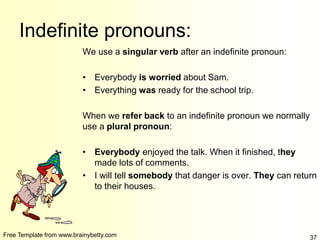 Free Template from www.brainybetty.com 37
Indefinite pronouns:
We use a singular verb after an indefinite pronoun:
• Everybody is worried about Sam.
• Everything was ready for the school trip.
When we refer back to an indefinite pronoun we normally
use a plural pronoun:
• Everybody enjoyed the talk. When it finished, they
made lots of comments.
• I will tell somebody that danger is over. They can return
to their houses.
 