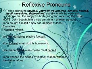 Reflexive Pronouns
• These pronouns (myself, yourself, yourselves, himself, herself,
itself, ourselves, themselves) usually follow the verb and
indicate that the subject is both giving and receiving the action.
NOTE: John bought him a new car. (him = another person)
John bought himself a new car. (himself = John)
Examples:
I washed myself.
We hurt ourselves playing football.
You yourself must do this homework.
She prepared the nine-course meal herself.
John washed the dishes by himself = John washed
the dishes alone
 